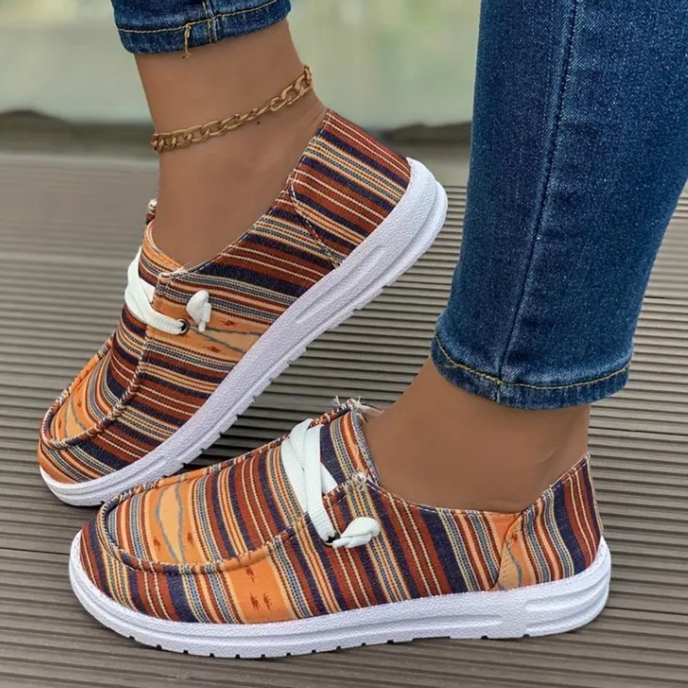 Orange and Brown Slip-On Sneakers with Striped Pattern